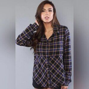 Free People We the Free Going Back to Harvard Blue Black Plaid Button Up Small